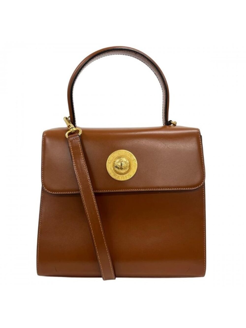 Celine 2-Way Vintage Shoulder Bag Leather Brown Gold